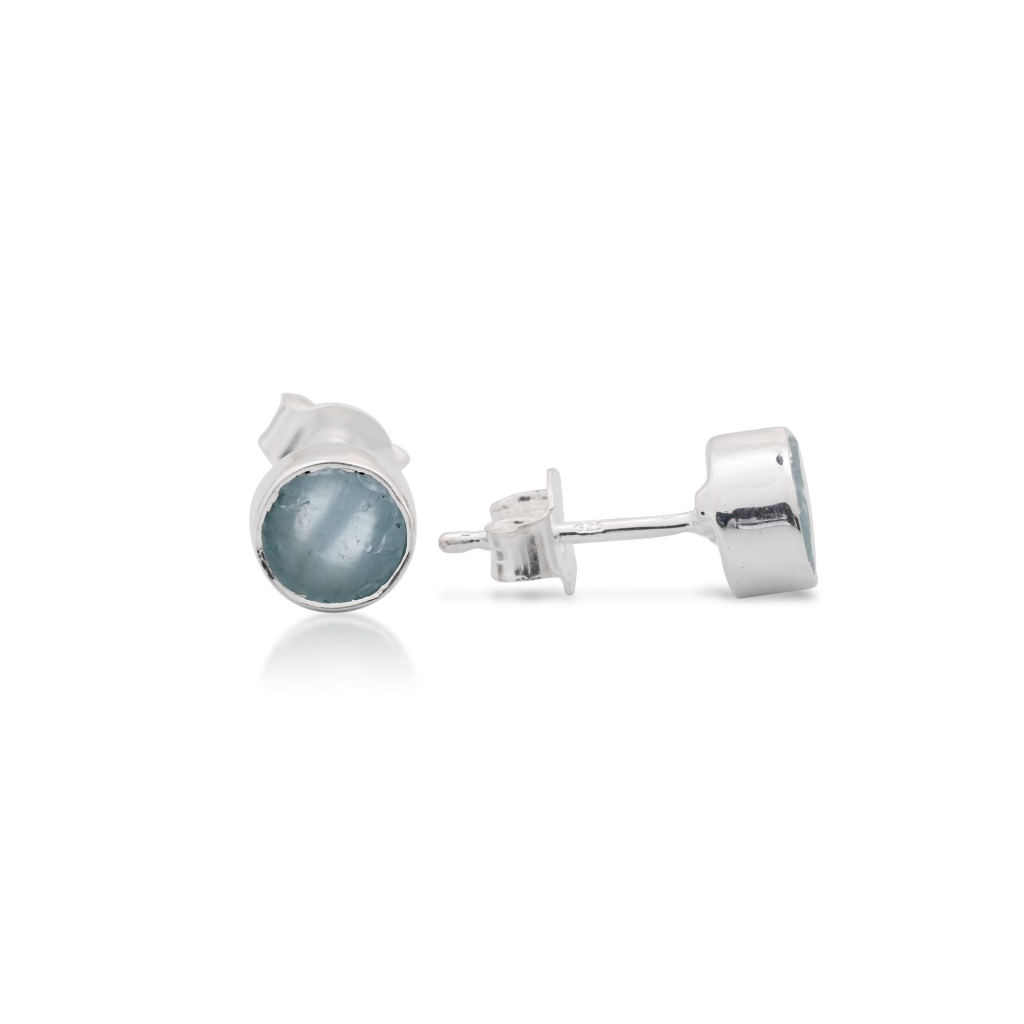 Natural Aquamarine Birthstone Sterling Silver Round Studs Earrings