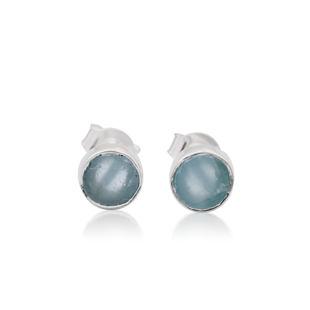 Natural Aquamarine Birthstone Sterling Silver Round Studs Earrings